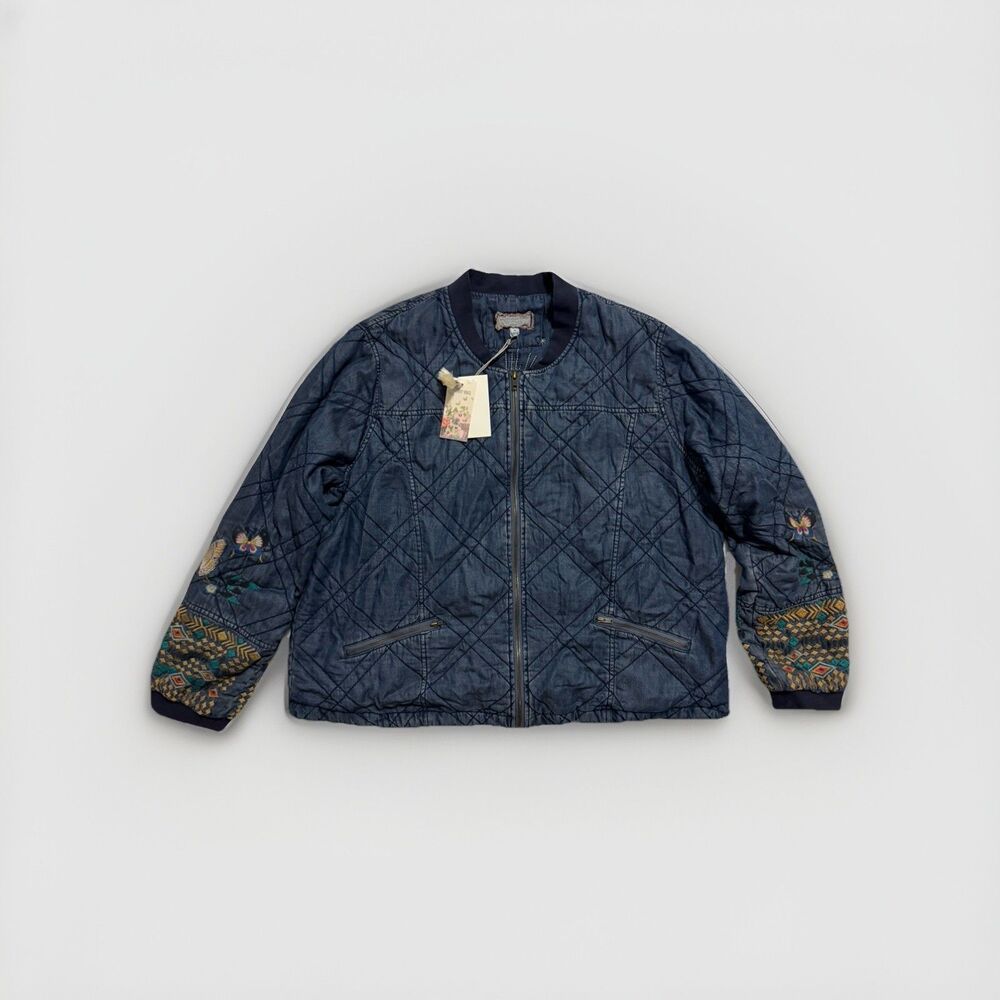 Johnny Was Workshop Jacket Women’s XL Mariposa Quilted Seamed Bomber Blue Denim